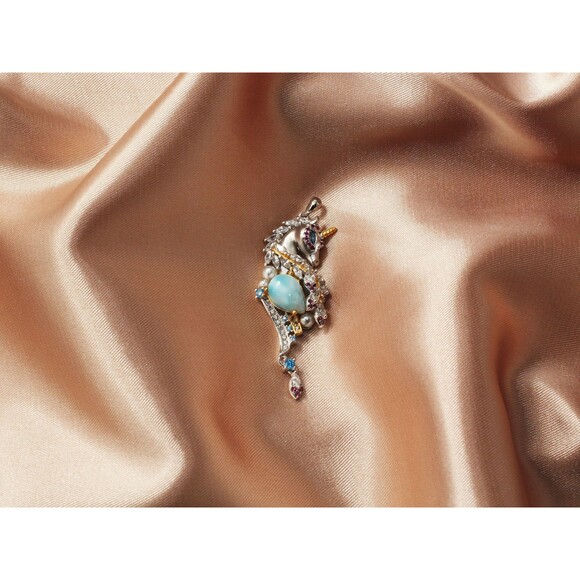 925 Sterling Silver UNICORN NECKLACE, LARIMAR Necklace, Unique Larimar Necklace - Picture 2 of 10